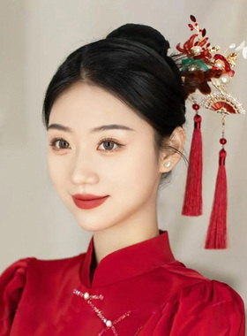 新娘新中式秀禾服头饰女红色发饰