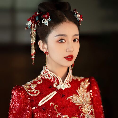 新娘秀禾头饰红色结婚发饰新中式