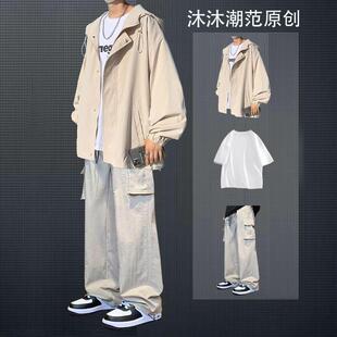 春秋日系夹克外套男士港风休闲套装潮流bf盐系男友风男装一套穿搭