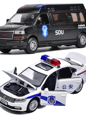 1：32六开门警车玩具 帕萨特合金汽车模型回力声光金属车 GMC房车