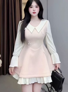 大码胖mm【云端恋曲】秋冬新款娃娃领长袖连衣裙收腰遮肉褶边短裙