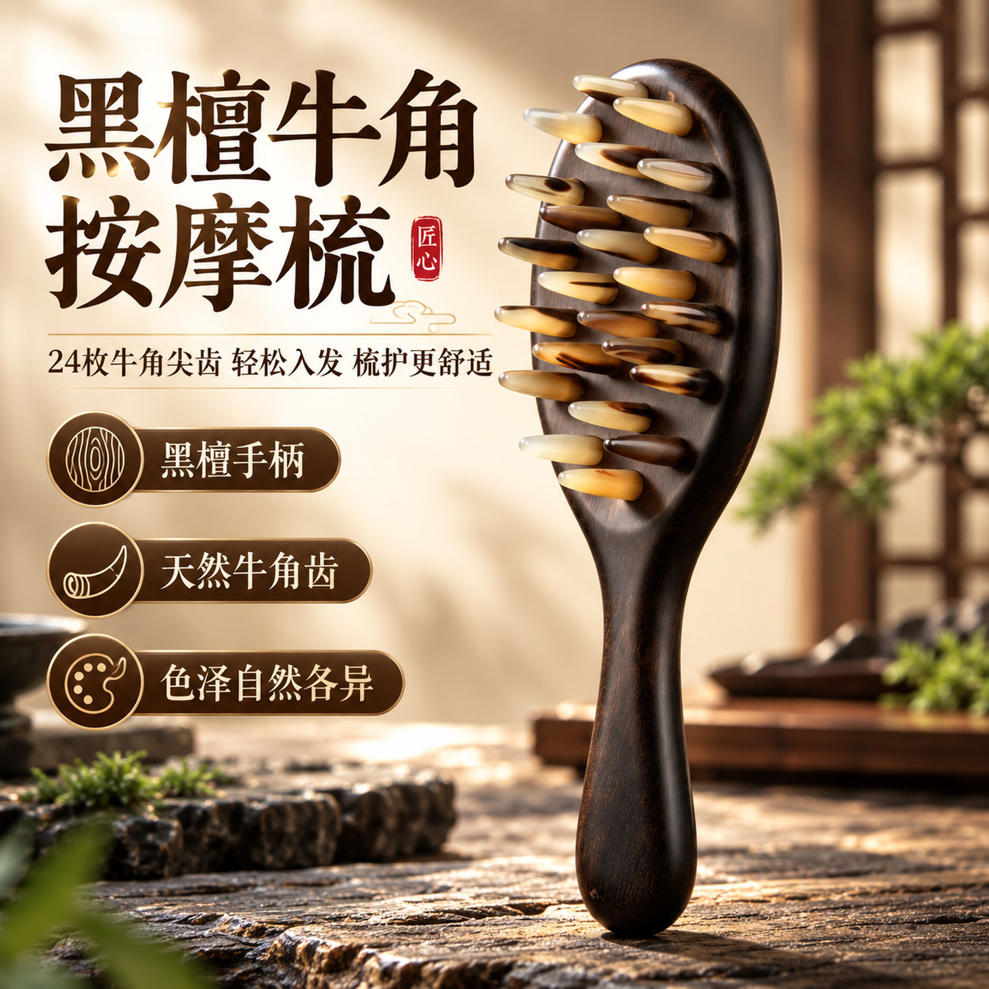 黑檀牛角24齿宽齿经络按摩梳