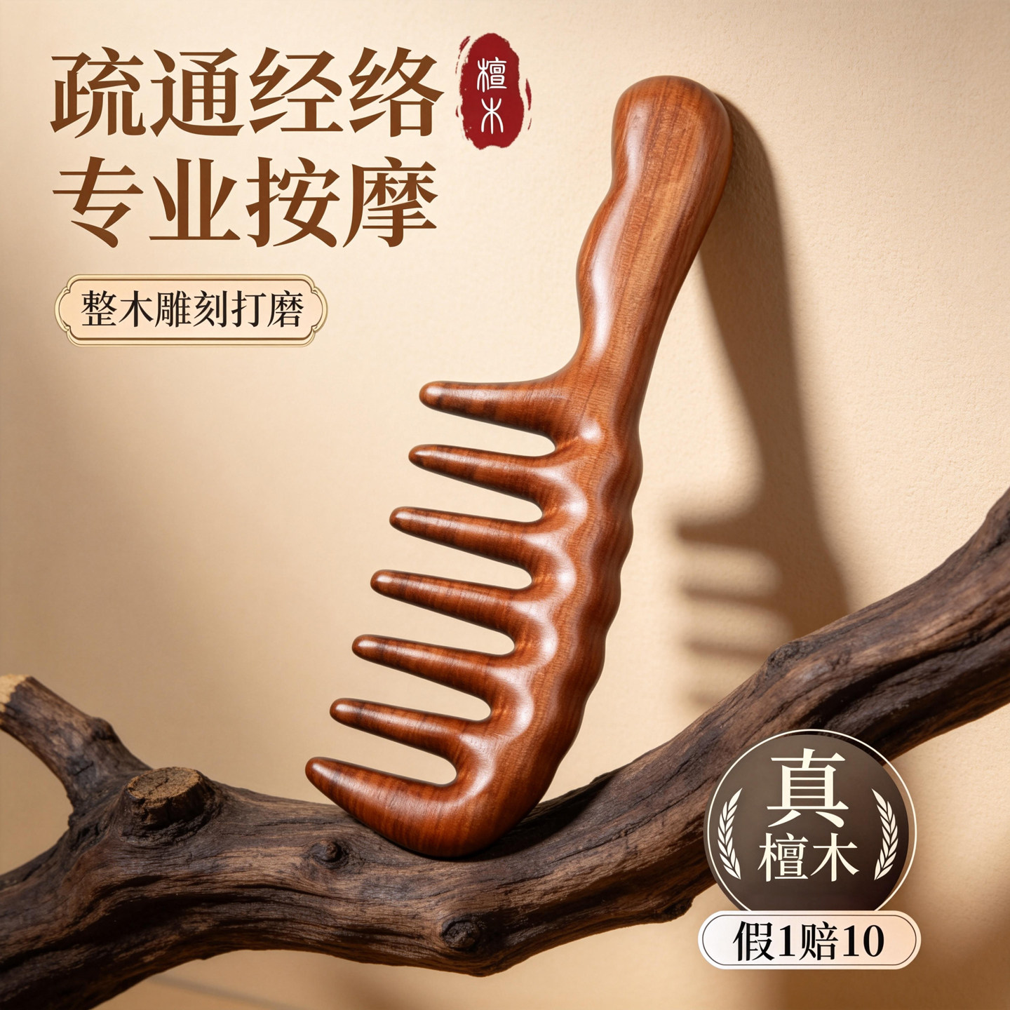 天然紫檀木梳宽齿梳子头皮按摩女士专用经络大齿梳子大号家用卷发