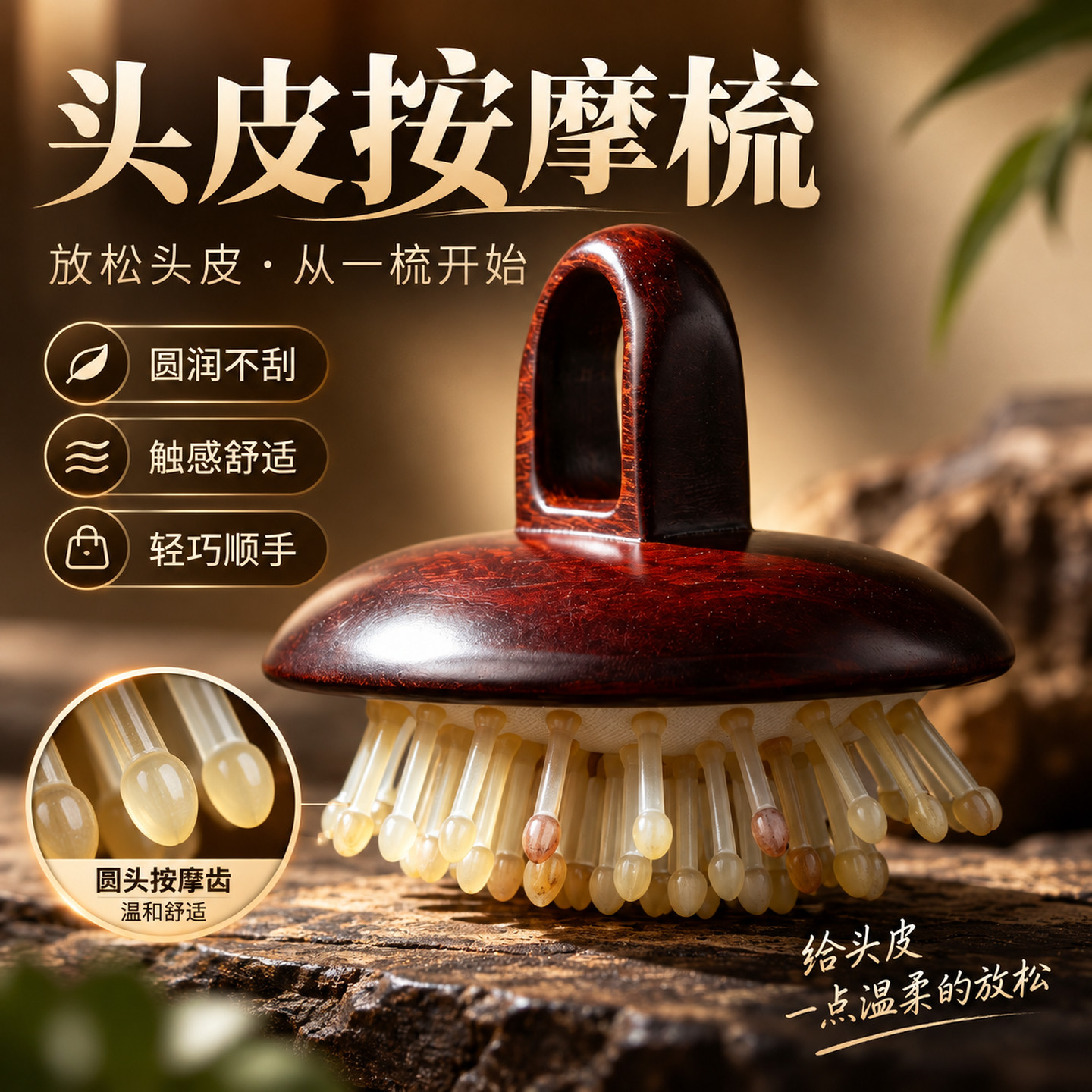 檀木牛角齿头皮按摩梳