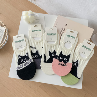纯棉船袜浅口隐形袜子女春夏薄款可爱卡通猫咪袜子不掉跟防滑短袜
