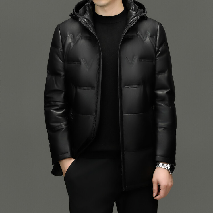 冬季连帽中长款白鹅绒面包服男加厚保暖绵羊皮真皮皮衣男羽绒外套