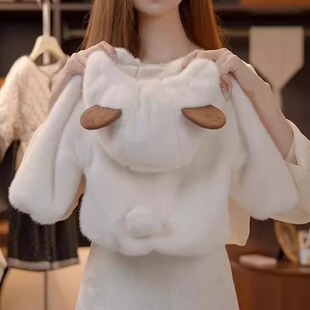 女童水貂毛棉袄2025秋冬季新款小女孩兔毛绒连帽男女宝宝加绒外套