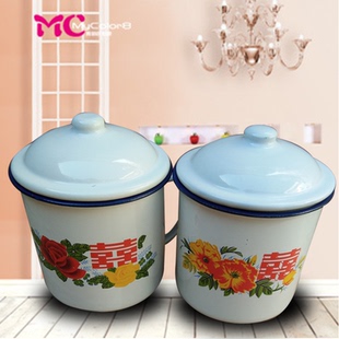 怀旧搪瓷杯老式红双喜带盖铁茶缸复古搪瓷缸子家用水杯大容量茶杯