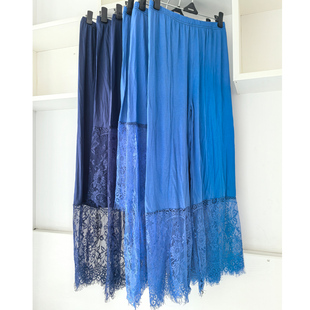 宝蓝显瘦藏青蕾丝直筒阔腿裤女青花瓷旗袍连衣裙内搭七分九分衬裤