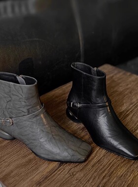 粗跟方头时尚皮带扣灰色短靴女大码时装靴冬季通勤切尔西H158-281