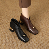 新款 方头真皮中年妈妈鞋 时尚 及踝靴女中跟春秋季 短靴复古1690B