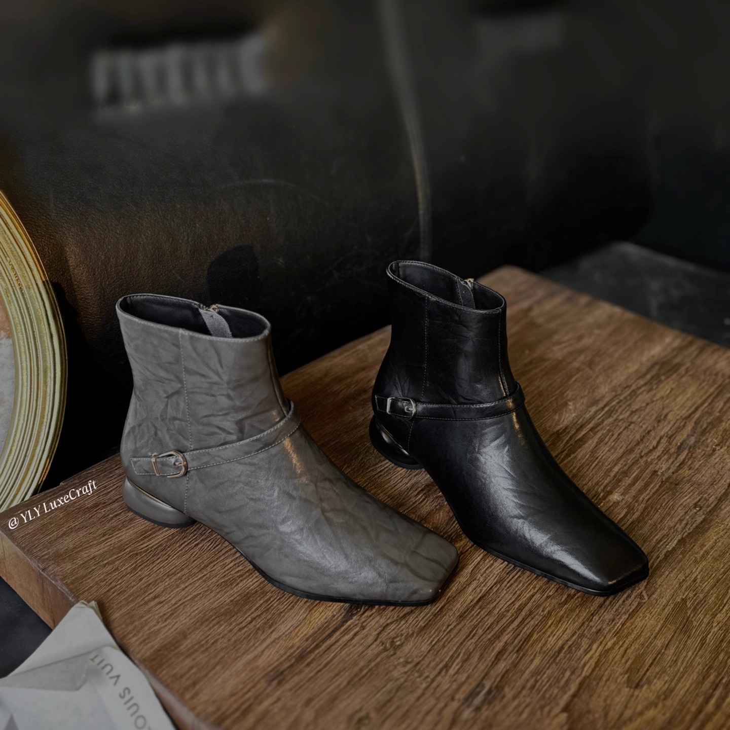 粗跟时装靴灰色短靴女大码切尔西