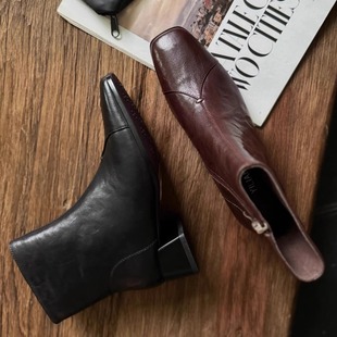 羊皮靴2651 秋冬季 靴子粗跟短靴女切尔西中跟鞋 真皮大码 5532 新款