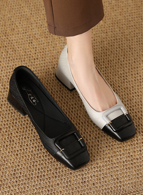 黑白拼色单鞋女春夏新款粗跟大码女鞋真皮通勤中跟方头跟鞋1735-1