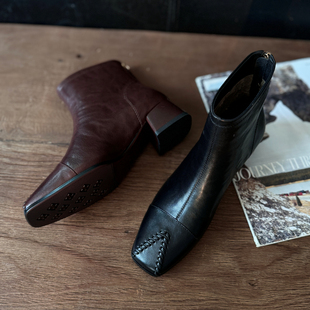 靴子羊皮靴切尔西中跟鞋 2651 粗跟短靴女真皮大码 新款 5559秋冬季