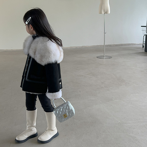 韩国童装2022狐狸毛整皮拼100%羊毛皮革一体女宝宝大牌范洋气外套