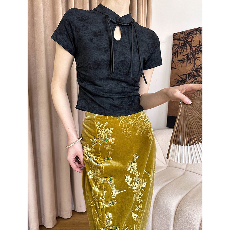 流苏新中式盘扣国风短袖t恤女 修身立领复古短款端庄上衣2024夏季