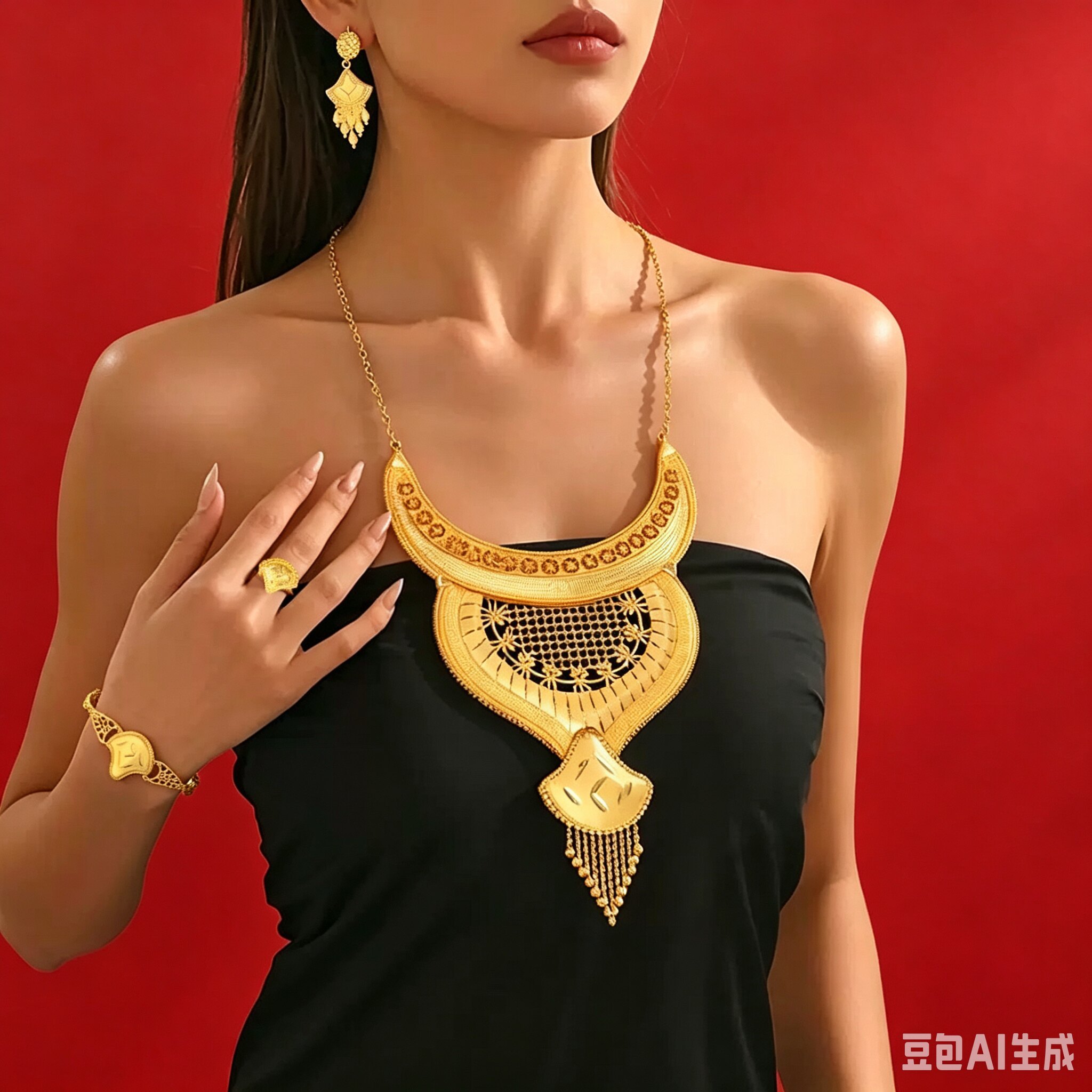 新娘礼服奢华珠宝四件套项链+耳环+手链+戒指婚纱摄影精美首饰品