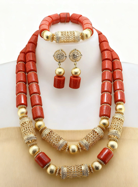 法国卢浮宫纯手工女奢华复古项链耳环手链三件套首饰民族风配饰品