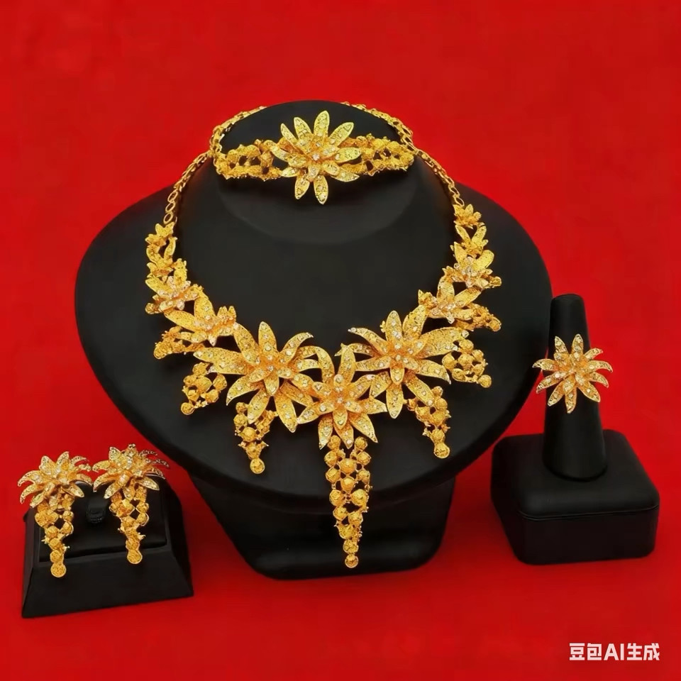 迪拜24K金饰品非洲新娘首饰套装沙特女士项链手链耳环戒指四件套