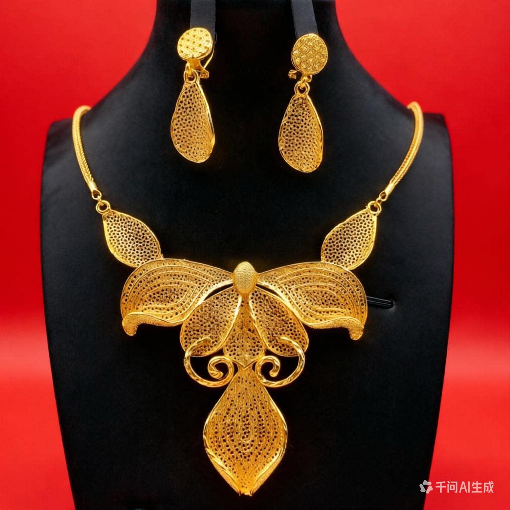24K镀金迪拜女项链耳环戒指手链四件套装印度新娘饰品jewelry set
