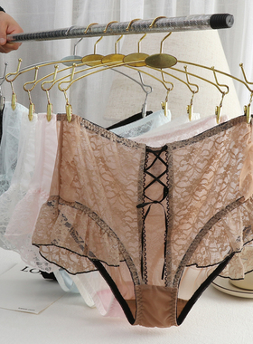 高端蕾丝大码内裤女士高腰网纱胖mm250斤荷叶边性感透明加大加肥