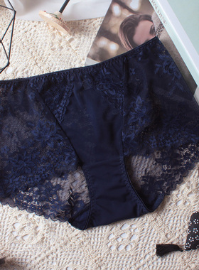 宝蓝色内裤女平角裤200斤 无痕蕾丝性感透明包臀胖妹妹大码款裤头