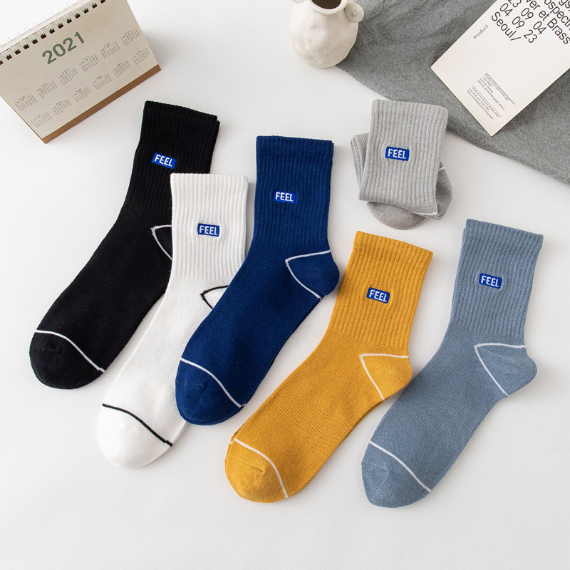 男士中筒纯棉袜防臭吸汗运动ins潮流长筒袜秋冬纯色蓝球袜子黑色