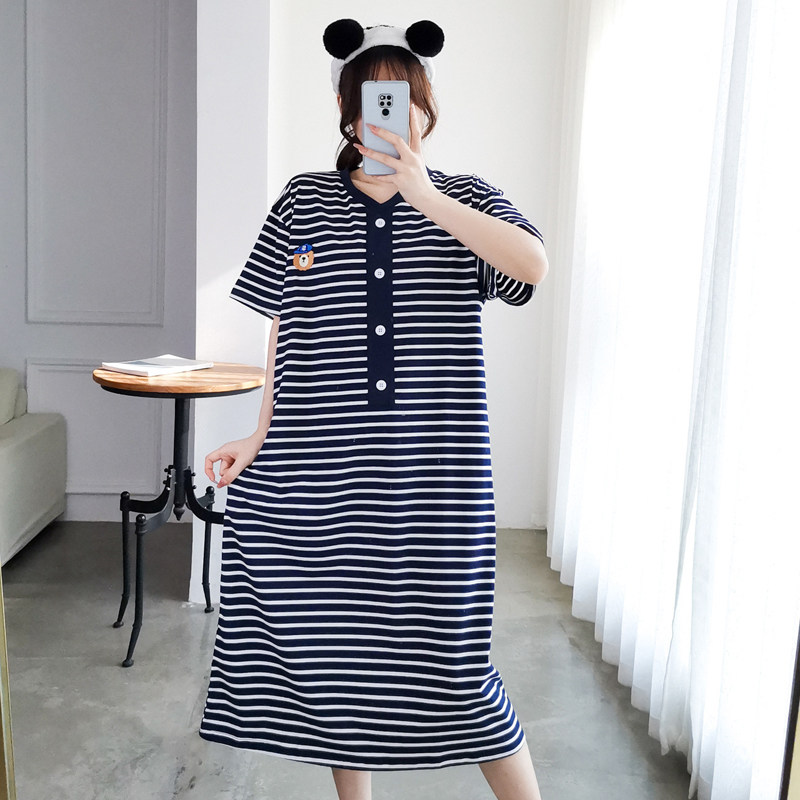 大码短袖睡裙纯棉条纹韩版睡衣家居服宽松胖mm200斤 可外穿有口袋