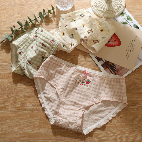 日系格子大码内裤女棉质面料甜美