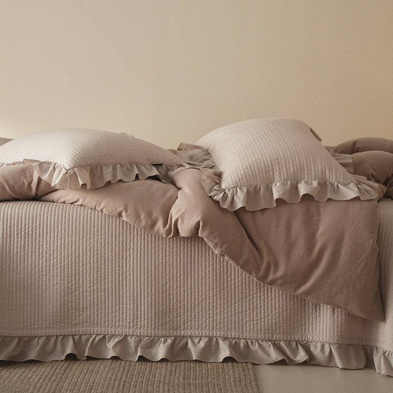 60支全棉水洗棉床盖三件套 简约纯色纯棉绗缝夹棉床单被套四件套