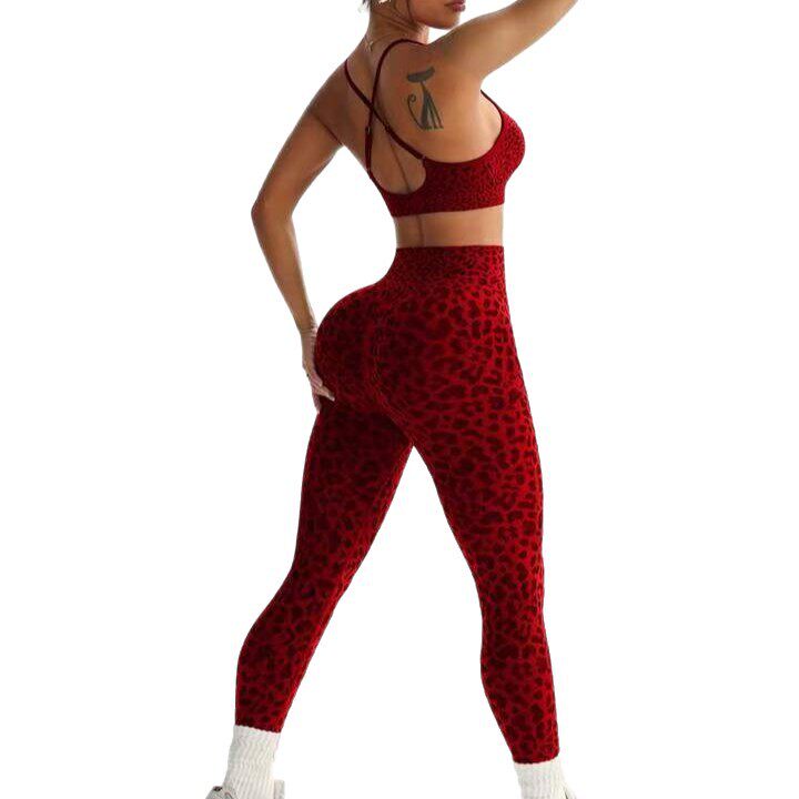 女士两件套健身服高腰提臀紧身豹纹文胸长裤户外运动瑜伽服套装