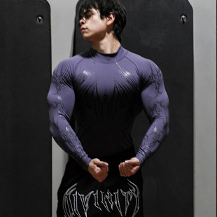 Breathedivinity高领印花紧身衣运动健身男士长袖速干透气上衣潮