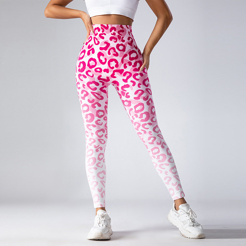 女士雪花豹纹训练长裤紧身无缝蜜桃瑜伽裤渐变扎染高腰压缩裤