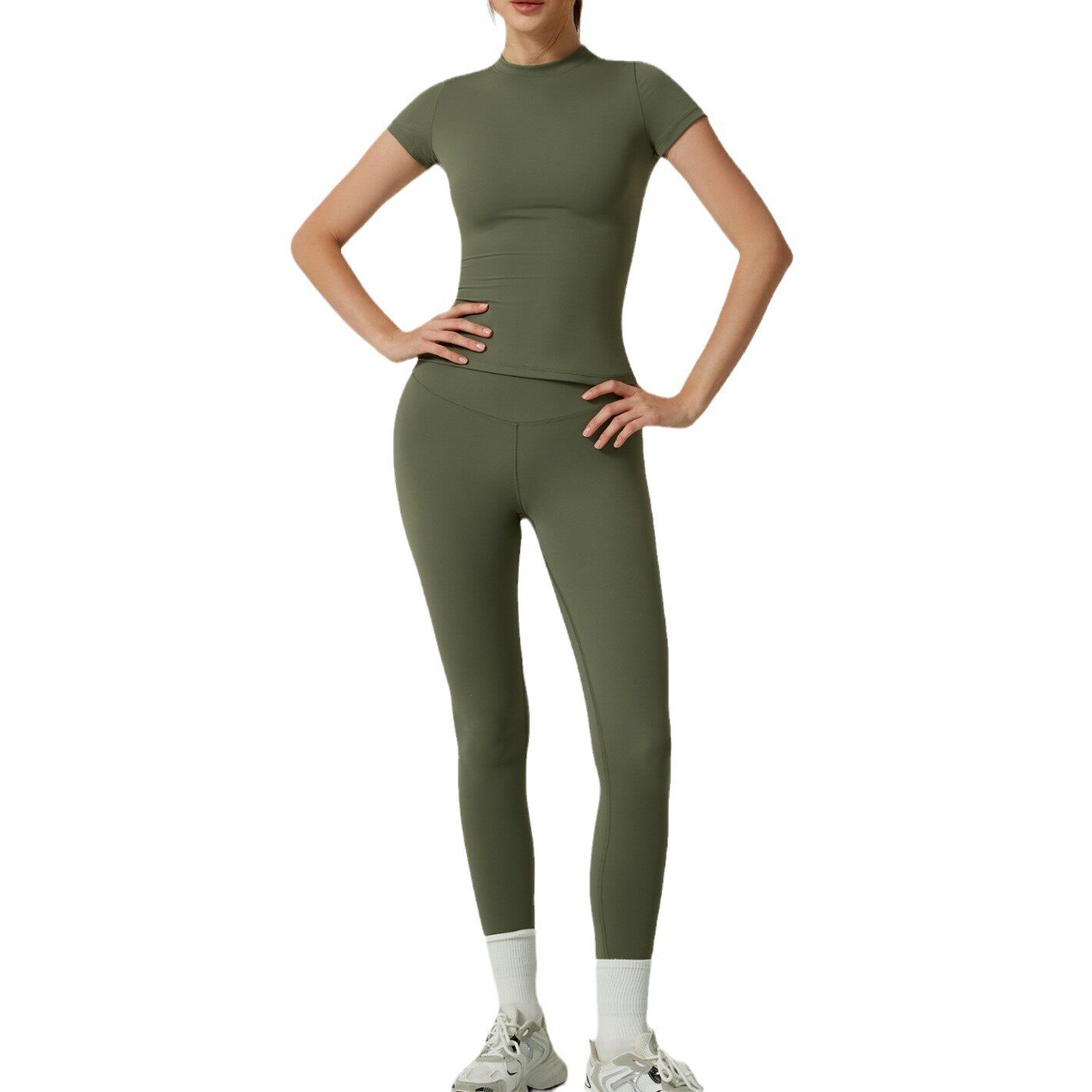 新品特惠 女士欧美风速干瑜伽服套装两件套短袖紧身长裤运动健身