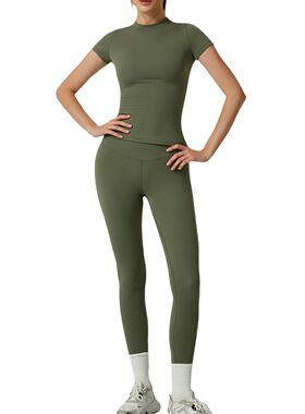 新品特惠 女士欧美风速干瑜伽服套装两件套短袖紧身长裤运动健身