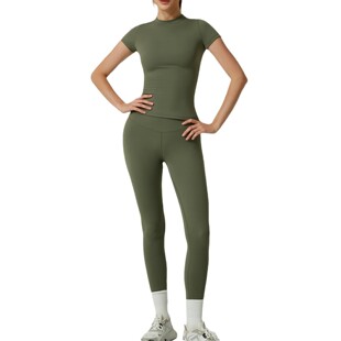 新品 女士欧美风速干瑜伽服套装两件套短袖紧身长裤运动健身