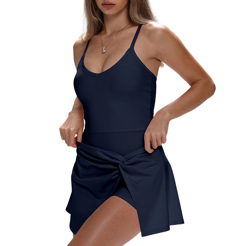 外贸运动连衣裙防走光扭结设计裙摆交叉镂空美背网球训练健身裙裤