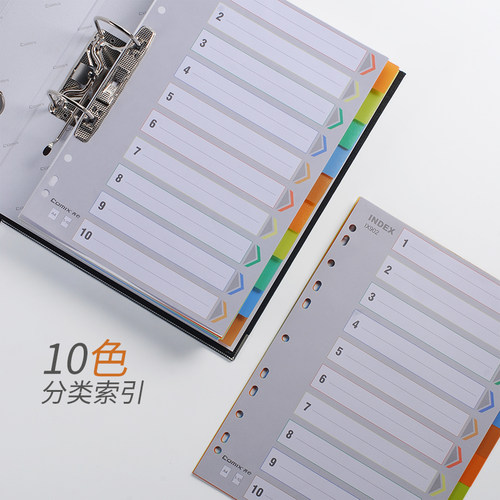 齐心IX902分类纸 十色索引纸 塑料隔页纸 11孔PP彩色10页A4分页纸
