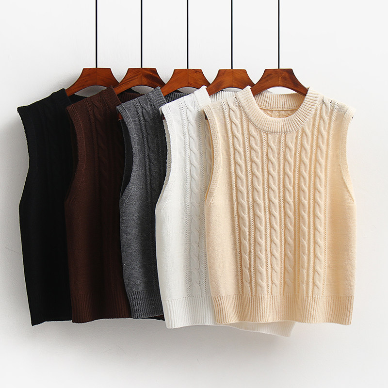 秋冬女士马甲背心宽松百搭无袖针织毛线圆领麻花套头坎肩马夹外套