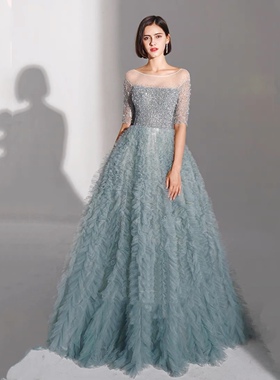 特价2023新款绿色高端奢华重工晚礼服新娘结婚敬酒服晚宴主持演出