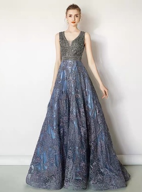 特价2023新款蓝色宴会主持高端奢华晚礼服气质显瘦性感V领喜婆婆