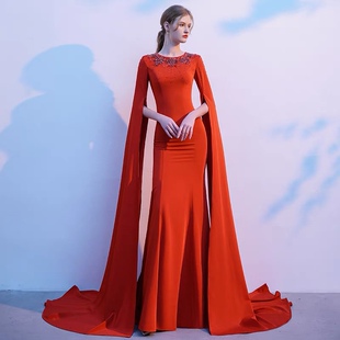 高级红色披肩晚礼服女2021新款气场女王宴会主持人鱼尾长款质感