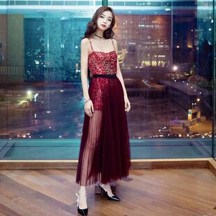 吊带晚礼服中长款宴会2019新款性感修身晚宴聚会酒红色连衣裙女