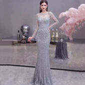 高端大气晚会气质优雅女王修身 2021新款 奢华重工名媛长袖 礼服女