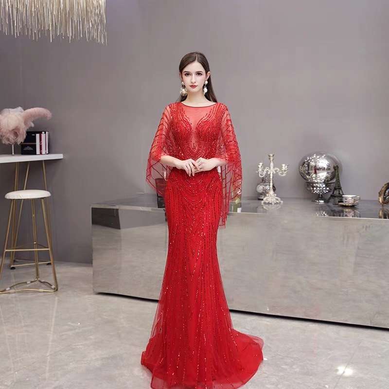 2024新款红色披肩鱼尾晚礼服女新娘婚礼宴会敬酒服表演年会主持人