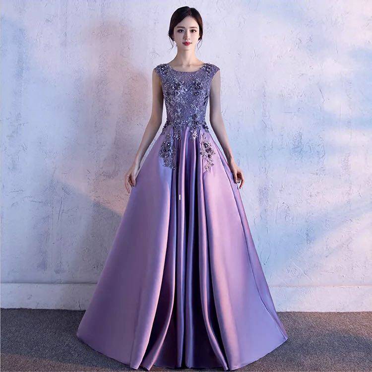 宴会晚礼服女长款2018双肩V领新娘敬酒服缎面修身聚会晚宴主持人