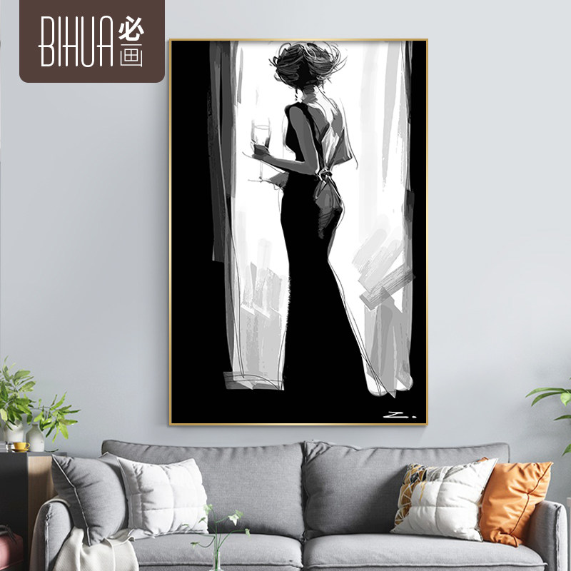 必画现代简约黑白气质女人背影装饰画铝合金外框客厅玄关挂画壁画