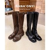 水洗牛皮 显腿瘦长筒靴不过膝黑色圆头高筒靴小个子高跟骑士靴女