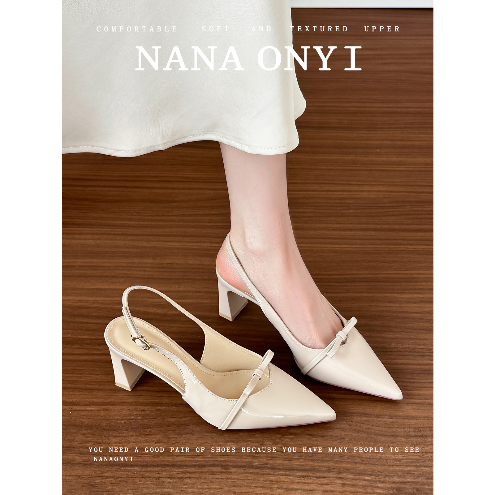 羊皮版~包头凉鞋女夏季外穿法式气质尖头蝴蝶结不累脚粗跟高跟鞋